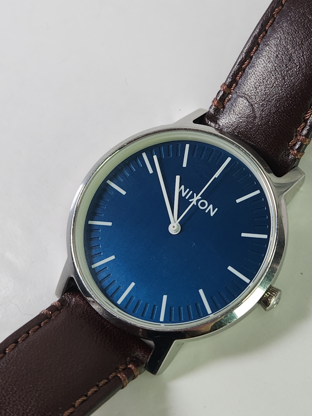 Nixon Minimalist Blue Dial Watch with Brown Leather Strap